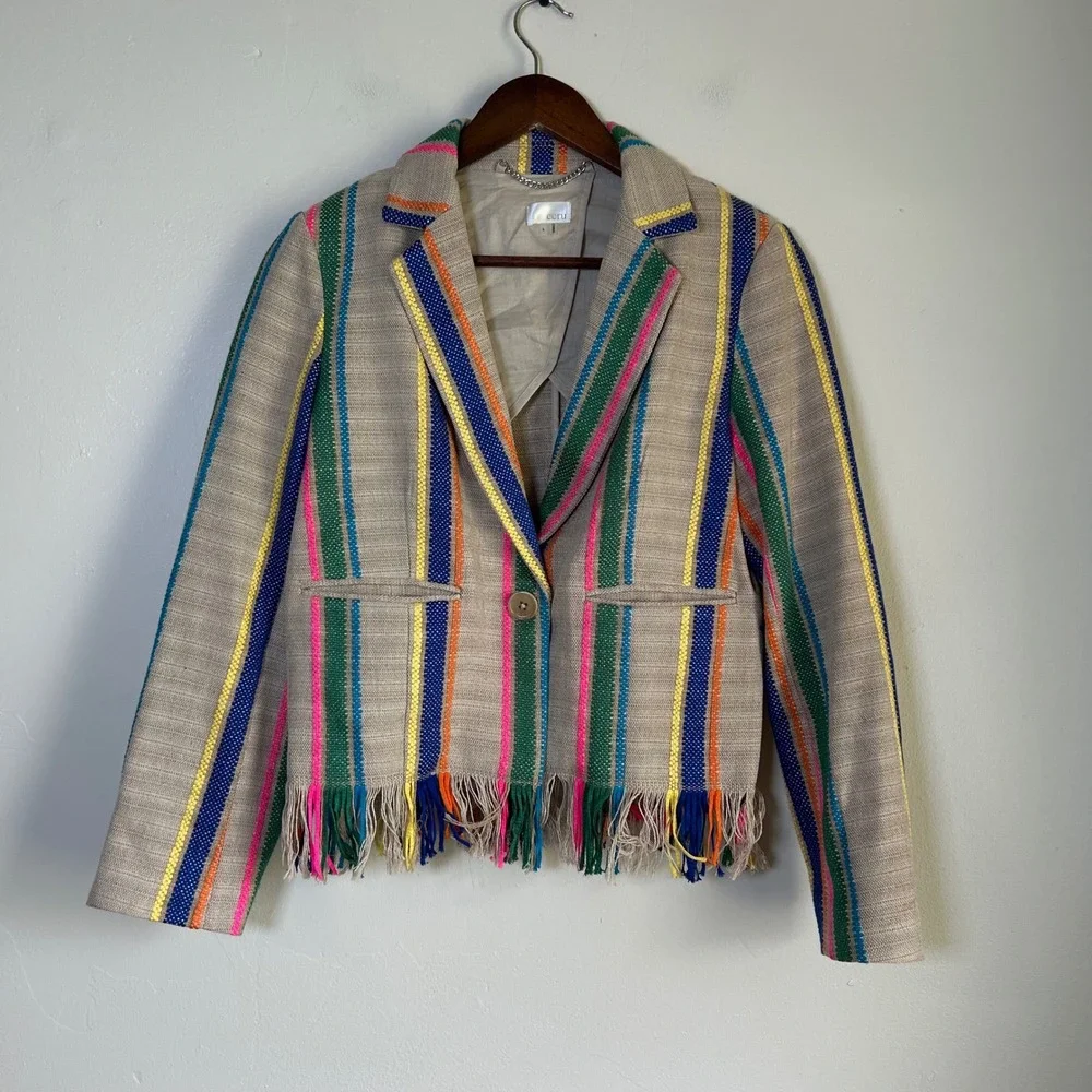 EUC‎ ecru Blazer Striped Fringe Hem Size S Tan Multicolor Boho Festival